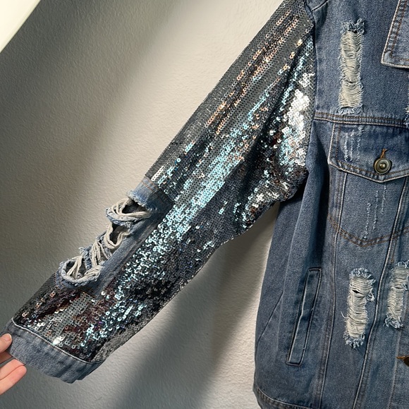 Macaron Distressed Denim Jacket With Sequin Sleeves (Size S) - Picture 6 of 12